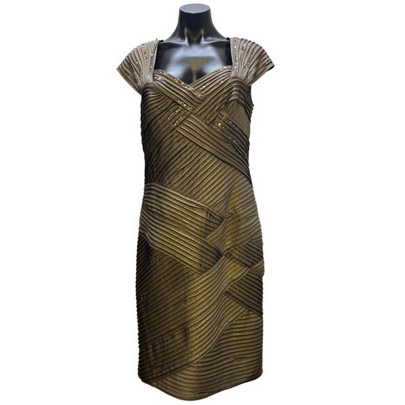 Tadashi Shoji Embellished Bandage Dress Taupe Gold L - Picture 1 of 7